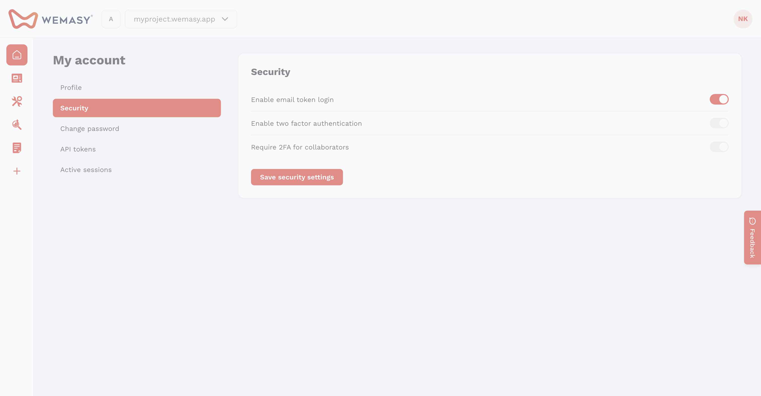 La pantalla de configuración de la autenticación en dos pasos de WEMASY
