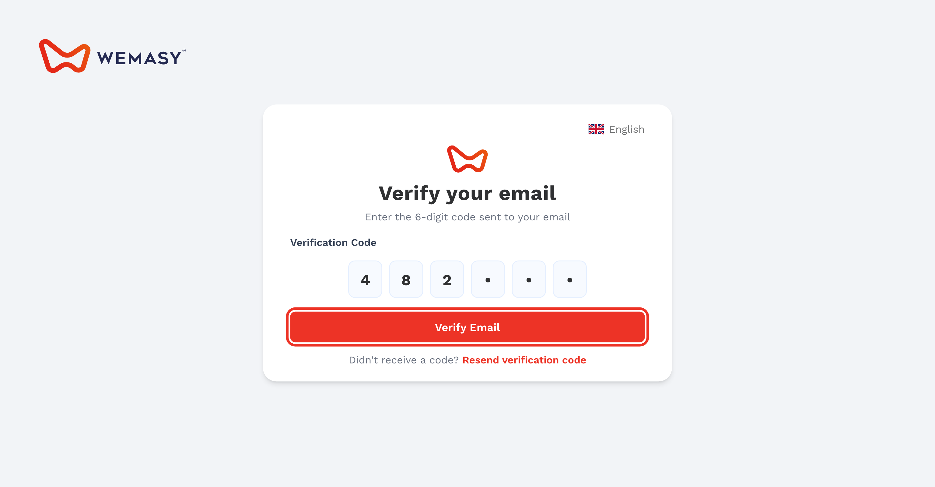 La pantalla de verificación del correo de WEMASY