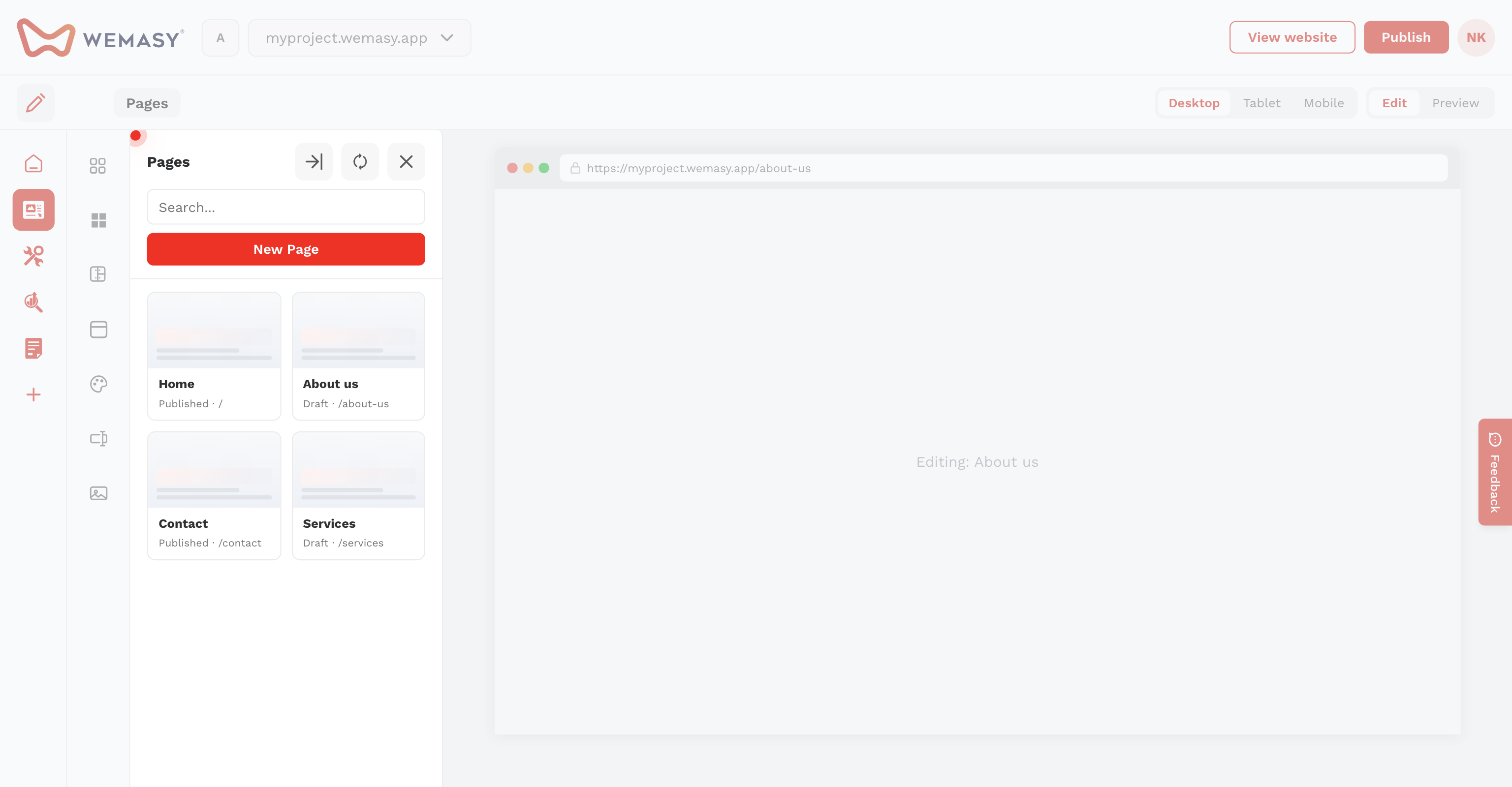 Creador de webs: abrir el panel Páginas