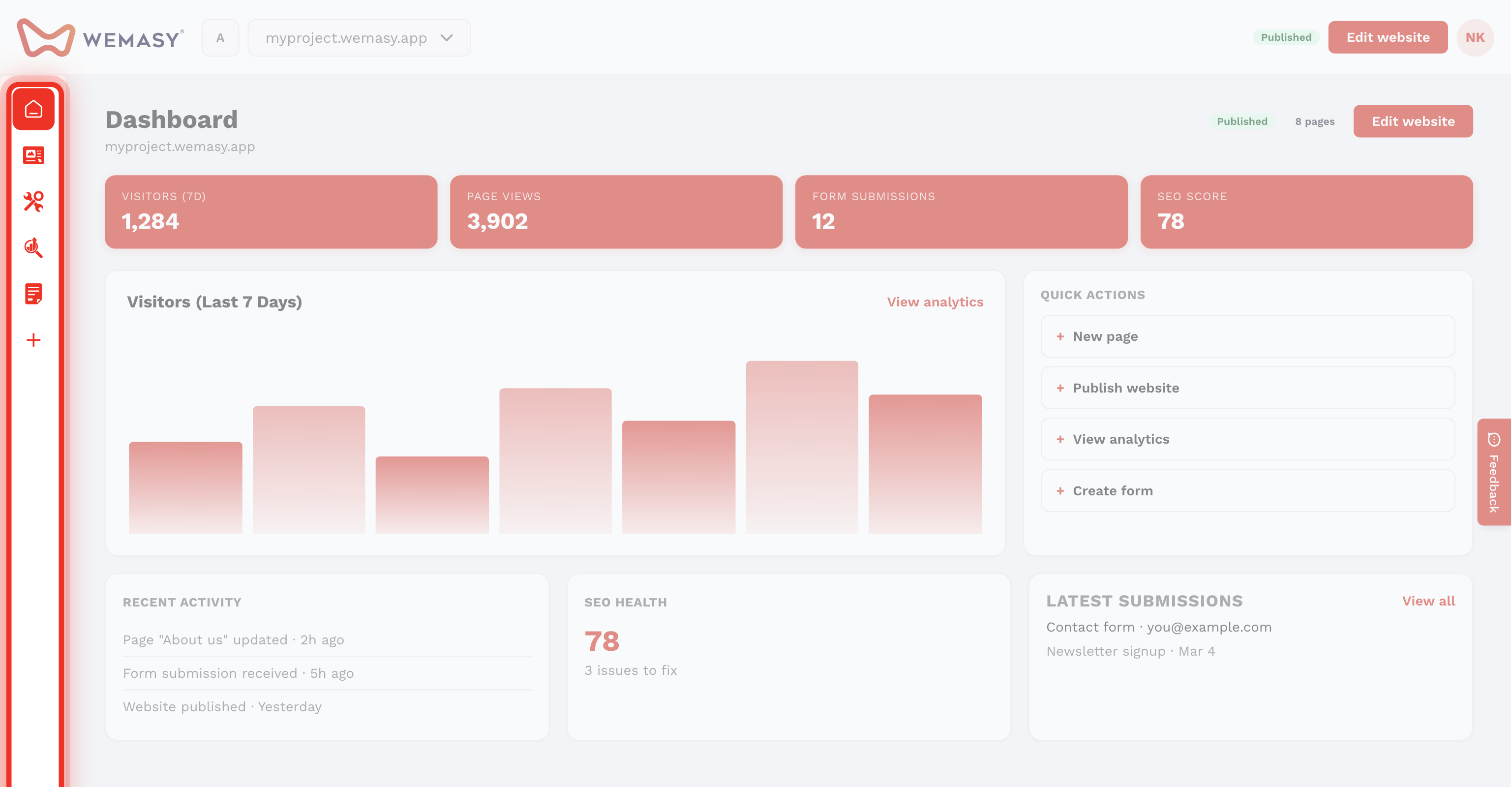 La barra vertical de iconos del selector de productos de WEMASY, a la izquierda